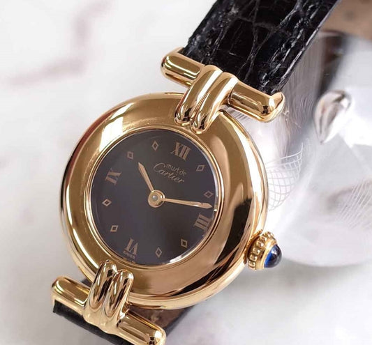 Cartier Must Colisee Black Index mit schwarzem Lederarmband
