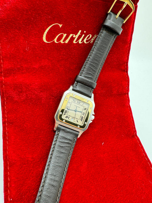 Cartier Santos Galbee Bi-Color mit grauem Lederarmband