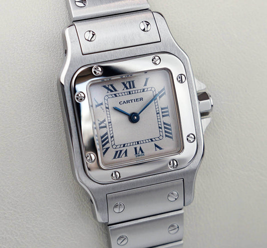 Cartier Santos Galbee Silver Blue Roman Index mit Stahlarmband