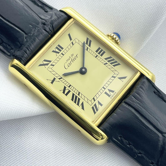 Cartier Must Tank Roman Ivory Index mit schwarzem Lederarmband