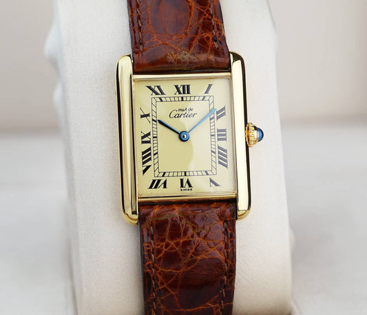 Cartier Must Tank Roman Ivory Index mit braunem Lederarmband