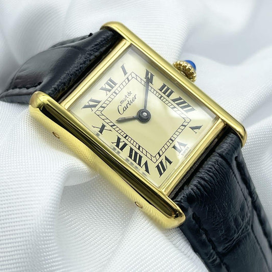 Cartier Must Tank Roman Ivory Index mit schwarzem Lederarmband