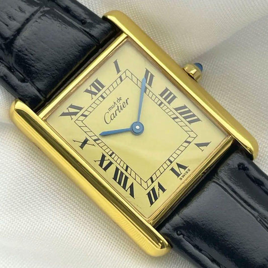 Cartier Must Tank Roman Ivory Index mit schwarzem Lederarmband