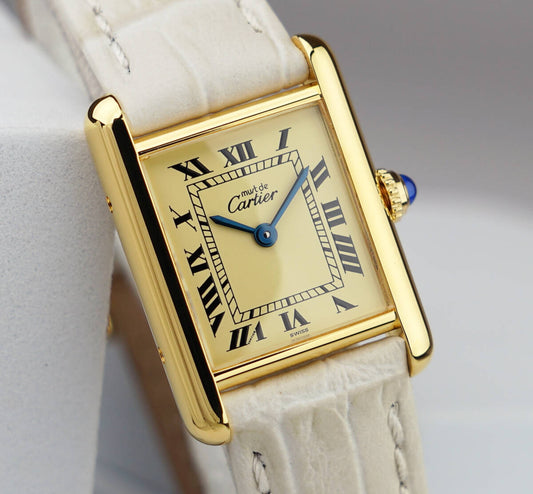 Cartier Must Tank Roman Ivory Index mit weißem Lederarmband
