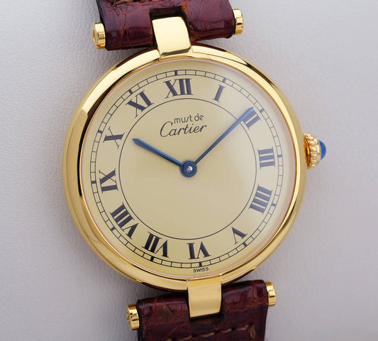 Cartier Must Vendome Louis Cartier Ivory Roman Index mit braunem Lederarmband