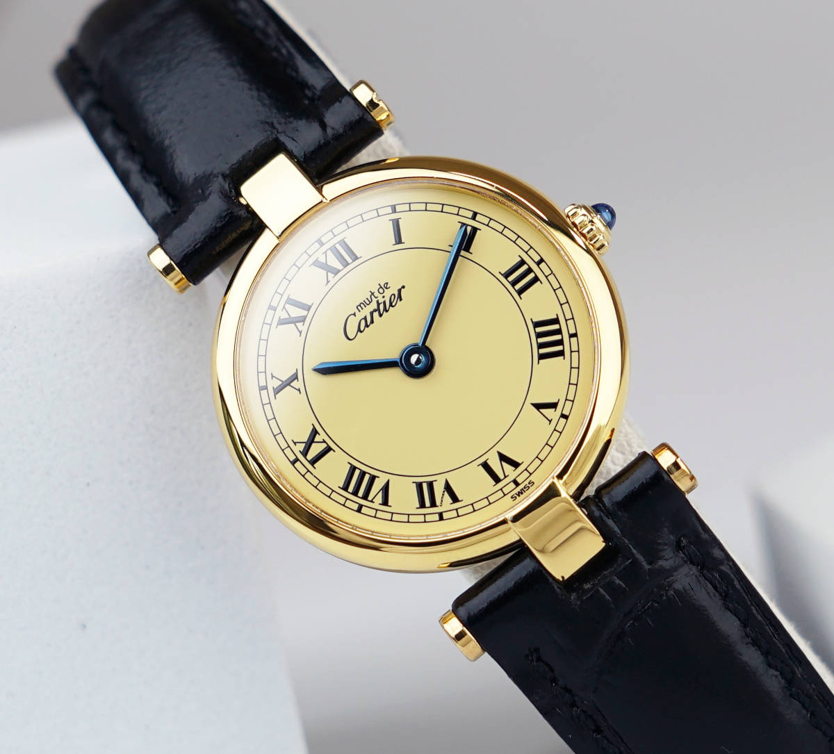 Cartier Must Vendome Ivory Roman Index SM, Quarz, schwarzes Lederarmband, Foto 2 von 9