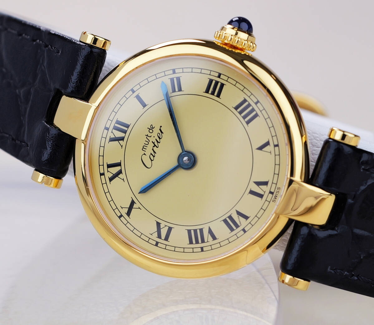 Cartier Must Vendome Ivory Roman Index SM, Quarz, schwarzes Lederarmband, Foto 6 von 9