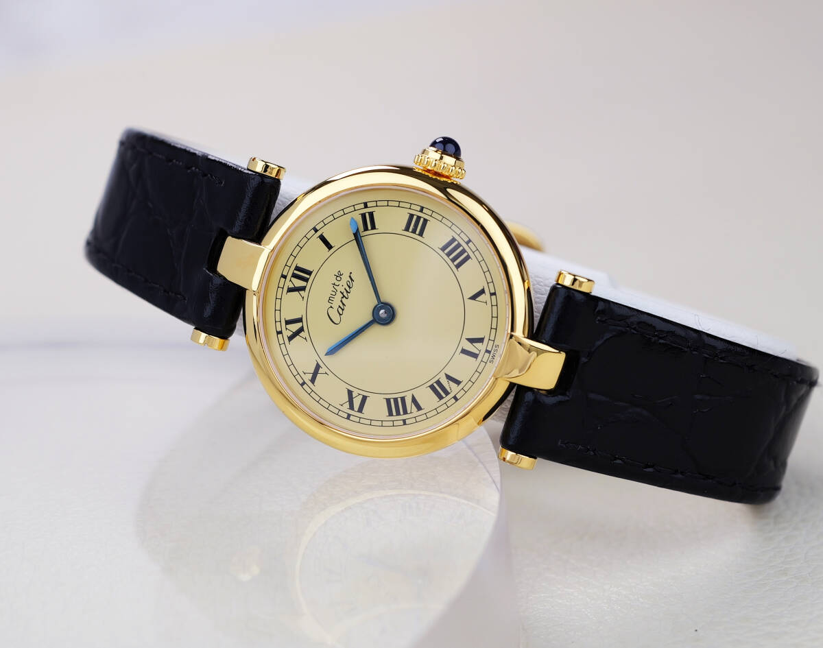 Cartier Must Vendome Ivory Roman Index SM, Quarz, schwarzes Lederarmband, Foto 7 von 9