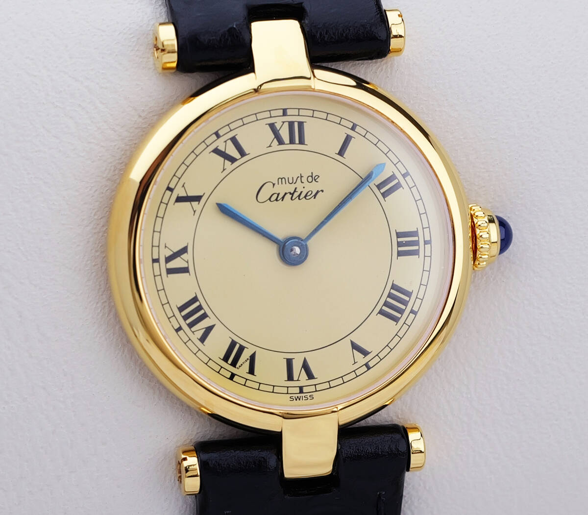 Cartier Must Vendome Ivory Roman Index SM, Quarz, schwarzes Lederarmband, Foto 8 von 9