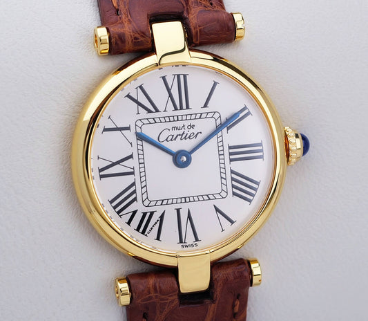 Cartier Must Vendome Louis Cartier Opaline Dial Roman Index mit braunem Lederarmband