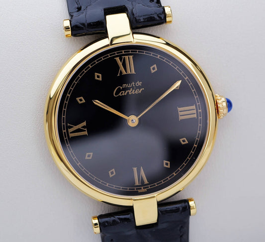 Cartier Must Vendome Black Roman Index mit schwarzem Lederarmband