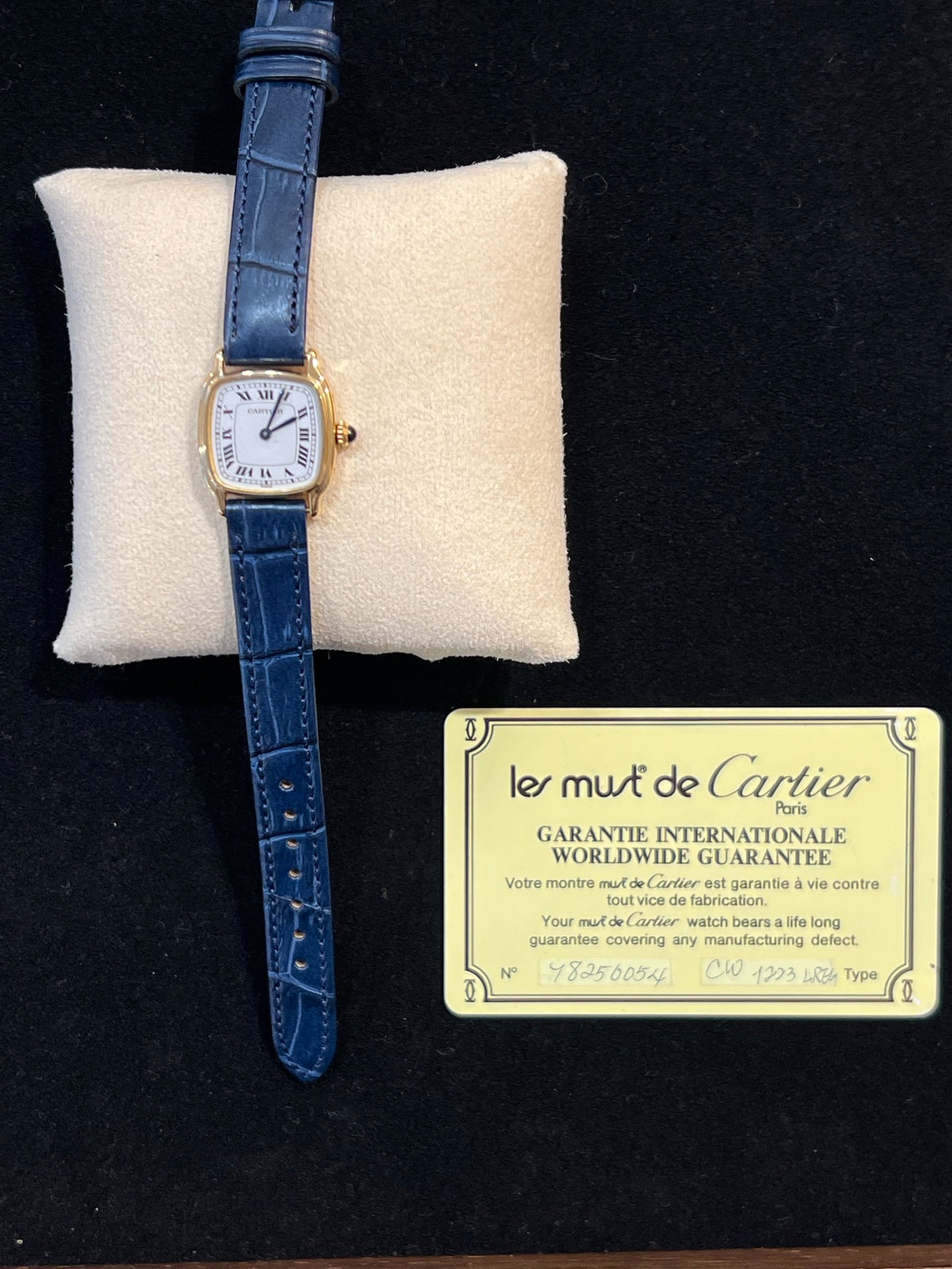 Cartier Must Kissenform Vermeil, Quarz, blaues Lederband, Foto 3 von 5