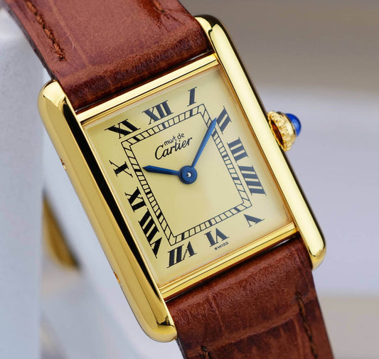 Cartier Vendome SM Vermeil SV925, schwarzes Zifferblatt