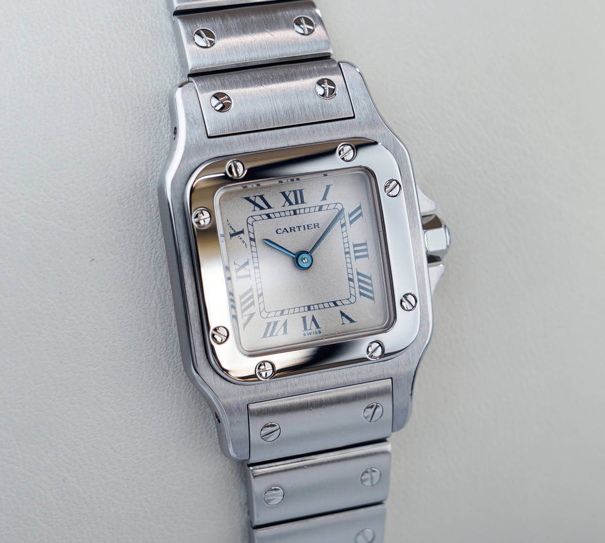 Cartier Santos Galbee Silver Blue Roman Index SM inkl. Cartier Box