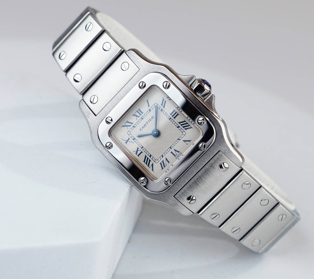 Cartier Santos Galbee Silver Blue Roman Index SM inkl. Cartier Box