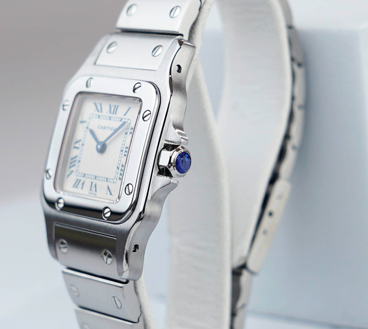 Cartier Santos Galbee Silver Blue Roman Index SM inkl. Cartier Box