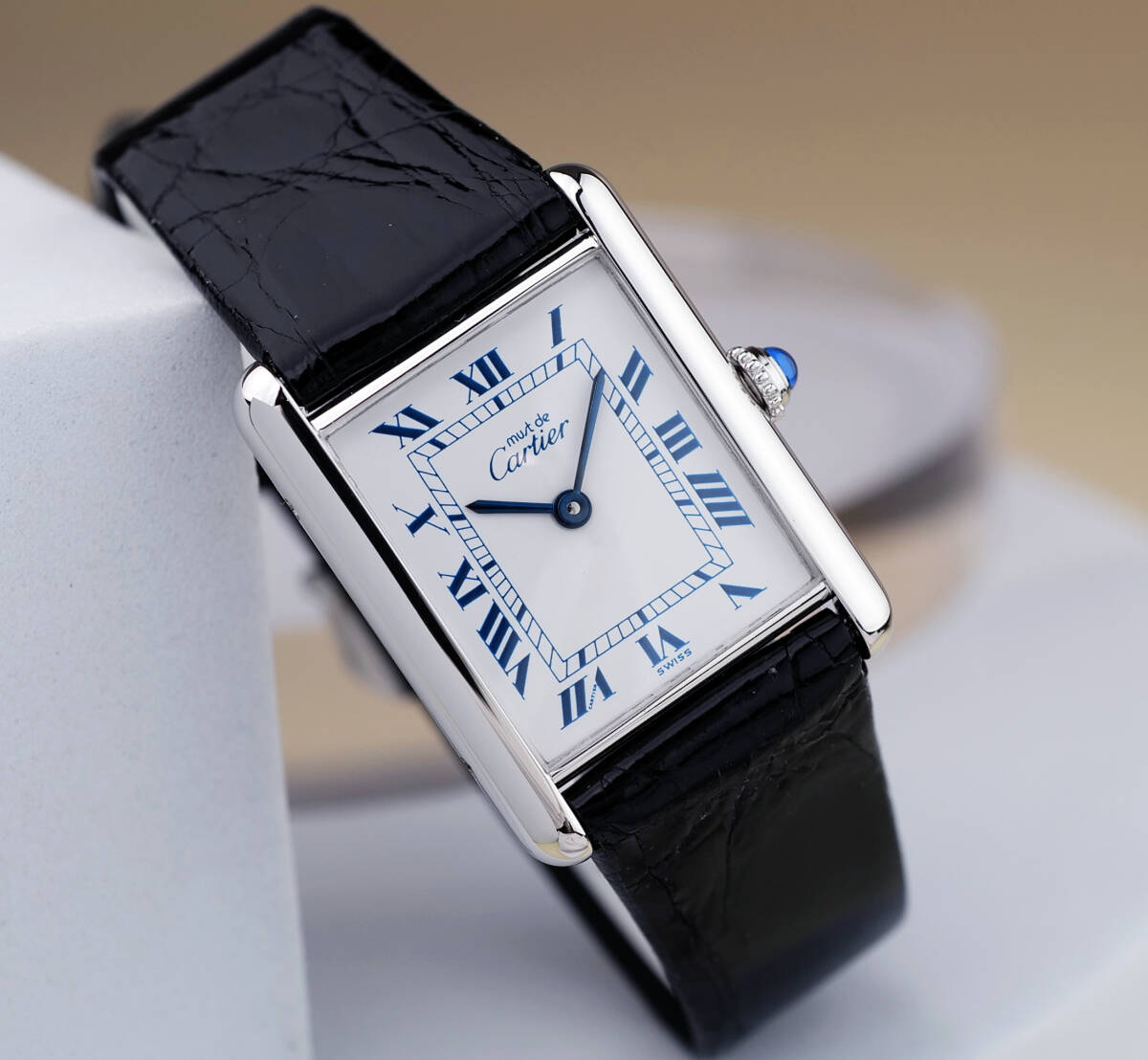 Cartier Must Tank Silver Blue Roman Index LM