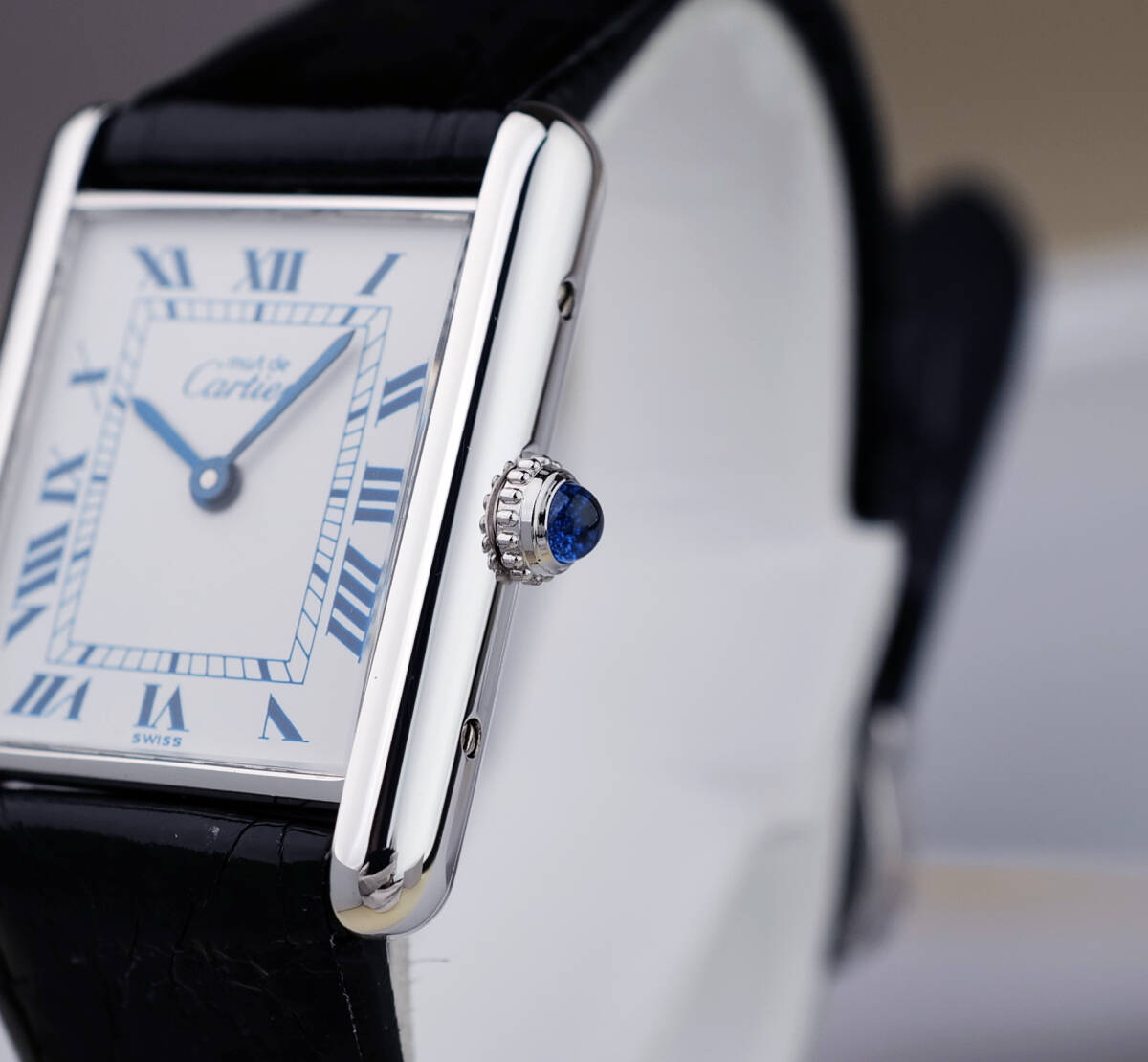 Cartier Must Tank Silver Blue Roman Index LM