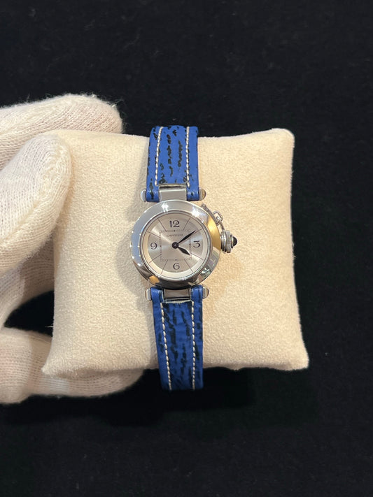 Cartier Pasha Stahl Damen Datum, Quarz, blaues Lederband, Foto 1 von 6