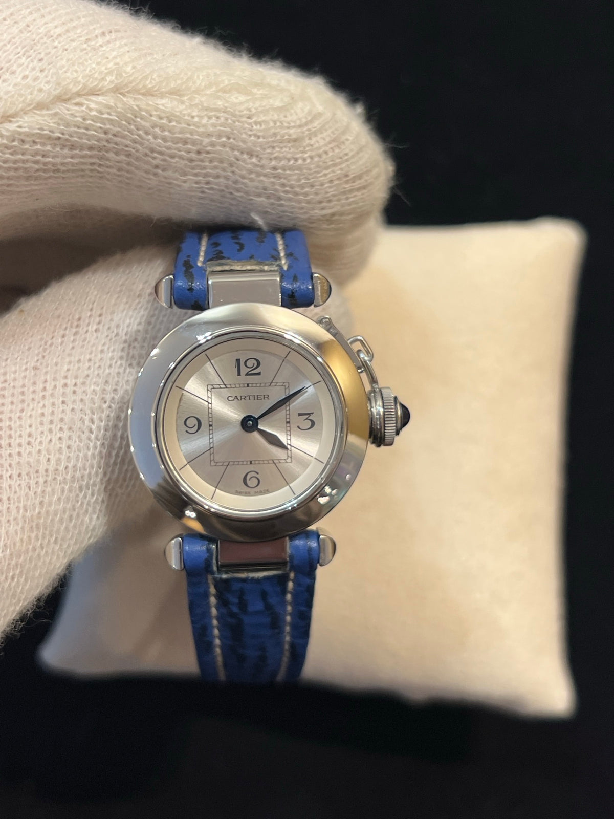Cartier Pasha Stahl Damen Datum, Quarz, blaues Lederband, Foto 2 von 6