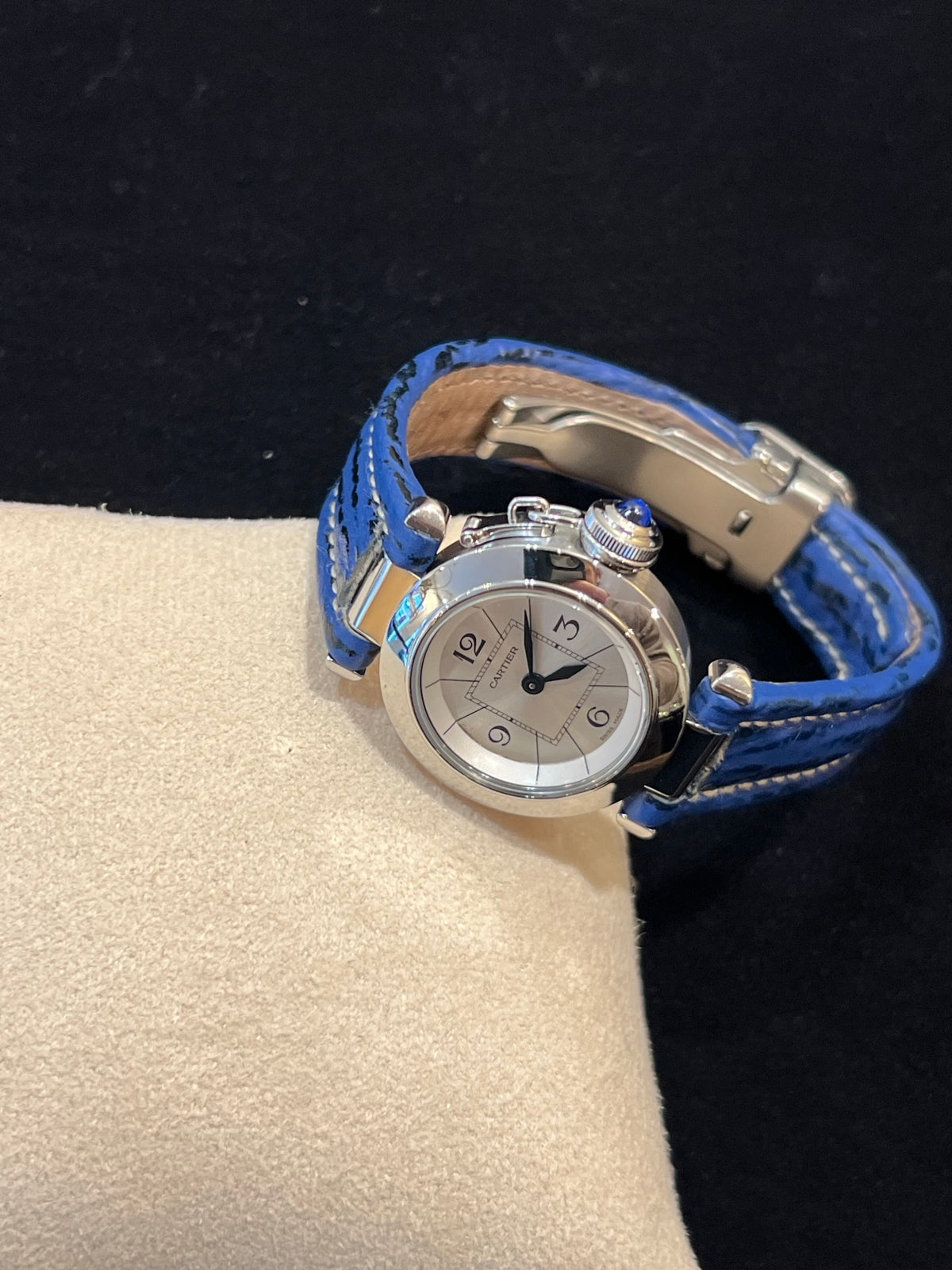 Cartier Pasha Stahl Damen Datum, Quarz, blaues Lederband, Foto 3 von 6