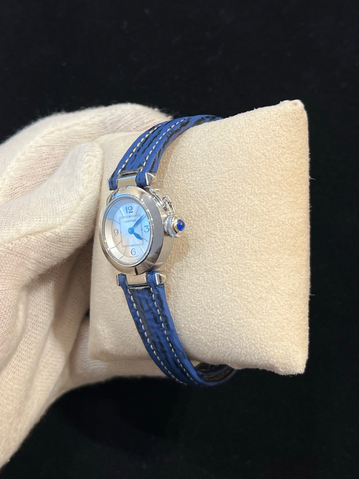 Cartier Pasha Stahl Damen Datum, Quarz, blaues Lederband, Foto 4 von 6